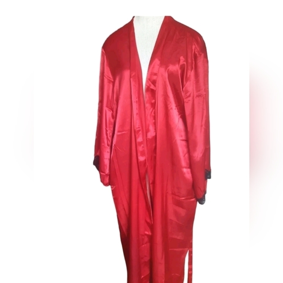 VTG FREDERICKS OF HOLLYWOOD  long robe lace border tie belt pockets RED Glam L - Picture 3 of 7